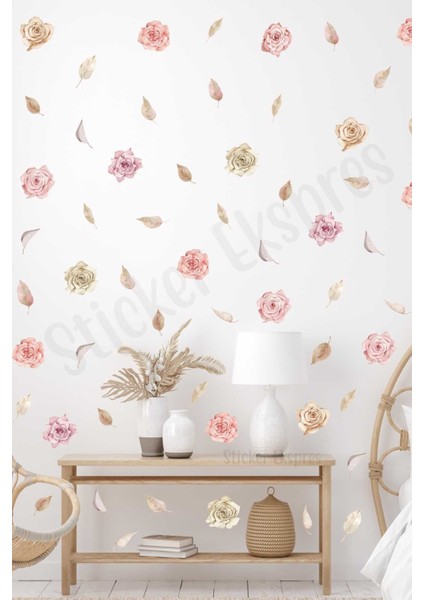 Renkli Çiçek ve Yapraklı Duvar Sticker Seti, Dekoratif ve Şık Tasarım, 5+ Parça, Çok Renkli