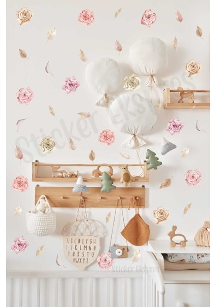 Renkli Çiçek ve Yapraklı Duvar Sticker Seti, Dekoratif ve Şık Tasarım, 5+ Parça, Çok Renkli modelleri