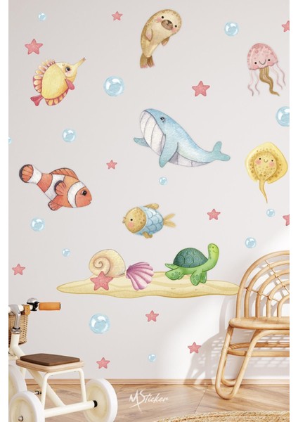Renkli hayvan ve deniz temalı çocuk odası dekor sticker seti, eğlenceli ve canlı tasarım