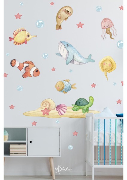 Renkli hayvan ve deniz temalı çocuk odası dekor sticker seti, eğlenceli ve canlı tasarım fiyatları