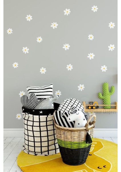 Çocuk odası için neşeli sarı beyaz papatya duvar sticker seti, 5+ parça, çiçekli dekorasyon modelleri