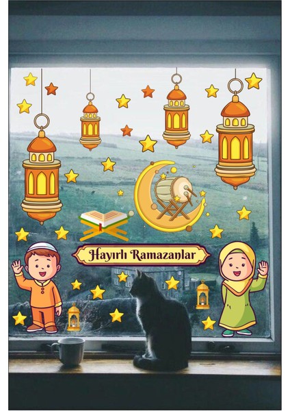 Renkli Ramazan Temalı Çocuk ve Yıldızlar Cam Duvar Sticker Seti 5+ Parça