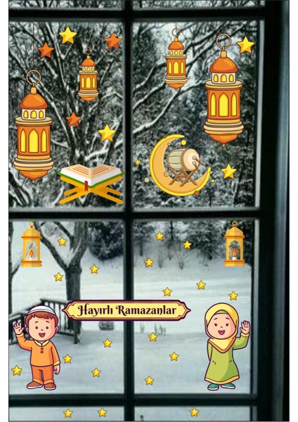 Renkli Ramazan Temalı Çocuk ve Yıldızlar Cam Duvar Sticker Seti 5+ Parça fiyatları