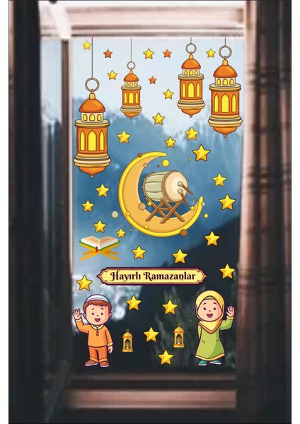 Renkli Ramazan Temalı Çocuk ve Yıldızlar Cam Duvar Sticker Seti 5+ Parça modelleri
