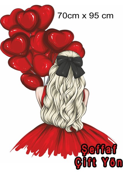Çift yönlü kırmızı kalp balonlu kız cam sticker, renkli ve şık tasarım