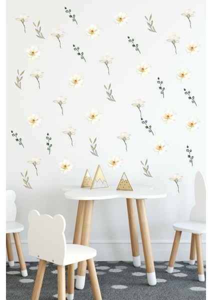 Renkli Çiçek ve Yapraklar Duvar Stickerı, doğal ve canlı dekorasyon, geometrik tasarım