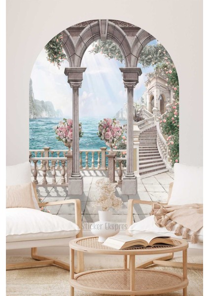 Çiçekli antik oval duvar dekor sticker, şık ve doğal tasarım, çok renkli, figür deseni