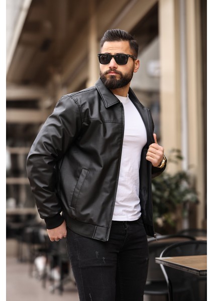 BearGlam Erkkplo Erkek Polo Yaka Deri Ceket