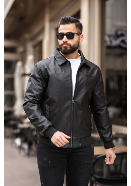 BearGlam Erkkplo Erkek Polo Yaka Deri Ceket modelleri