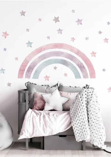 Çocuk odası için renkli unicorn ve gökkuşağı temalı duvar stickerı, 1 parça