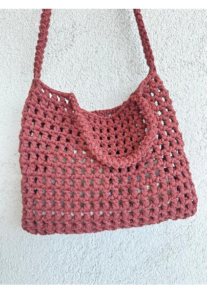 El Örgüsü File Kroşe Çanta Kiremit Rengi /Crochet Bag