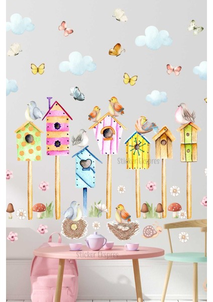 Çocuk odası kuş temalı renkli duvar sticker seti, eğlenceli ve şık dekorasyon parçası