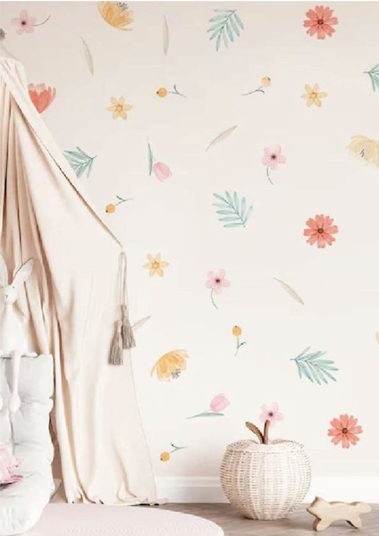 Çocuk odası renkli çiçekler duvar stickerı, canlı ve neşeli dekorasyon seçeneği