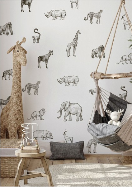 Renkli vahşi hayvanlar çocuk odası duvar çıkartması, eğlenceli ve canlı dekor seçeneği