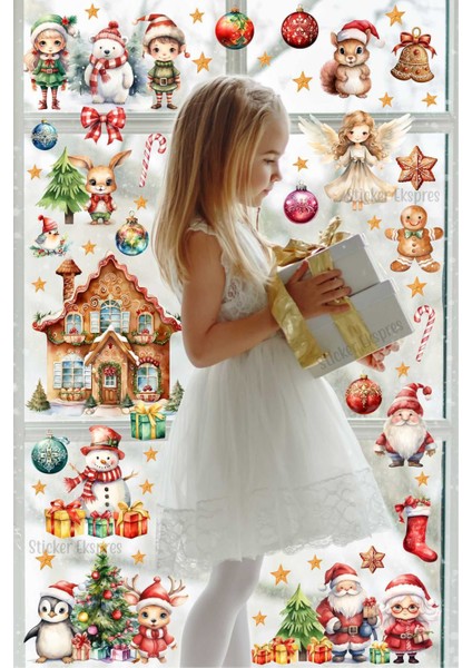 Yılbaşı Temalı Renkli Cam Kapı ve Duvar Sticker Seti, 5+ Parça, Figür Desenli, Çok Renkli