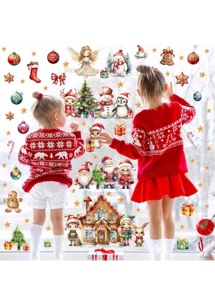 Yılbaşı Temalı Renkli Cam Kapı ve Duvar Sticker Seti, 5+ Parça, Figür Desenli, Çok Renkli modelleri