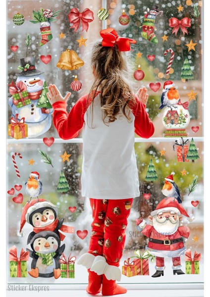 Yılbaşı temalı renkli kardan adam ve süsler seti, cam ve duvar sticker, 5+ parça