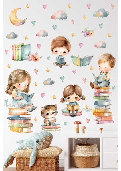 Renkli ve eğlenceli çocuk kitap temalı duvar sticker seti, 5+ parça, figür desenli