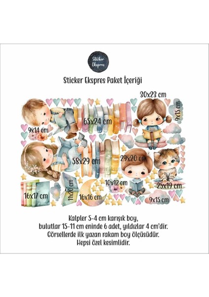 Renkli ve eğlenceli çocuk kitap temalı duvar sticker seti, 5+ parça, figür desenli modelleri