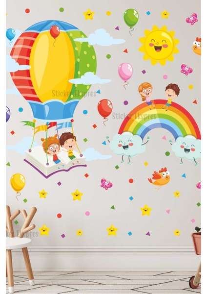 Renkli çocuk odası duvar ve kapı sticker seti, eğlenceli ve şık tasarım, 5+ parça