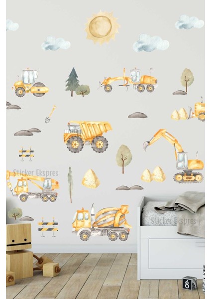 Canlı Sarı İş Makinaları Çocuk Odası Duvar Sticker Seti, Renkli ve Eğlenceli Dekorasyon