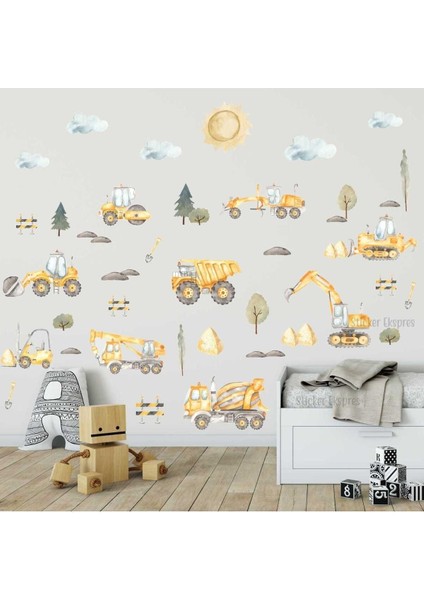 Canlı Sarı İş Makinaları Çocuk Odası Duvar Sticker Seti, Renkli ve Eğlenceli Dekorasyon fiyatları