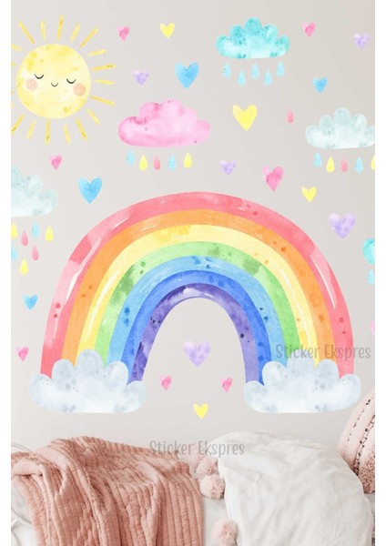 Renkli gökkuşağı ve bulutlar çocuk odası duvar sticker seti, eğlenceli ve sevimli tasarım