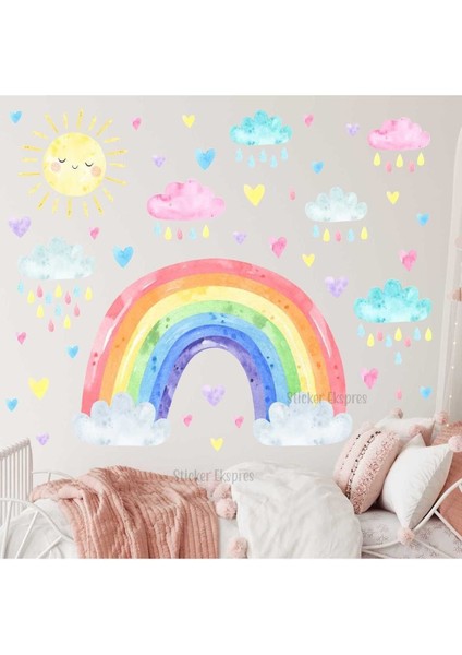 Renkli gökkuşağı ve bulutlar çocuk odası duvar sticker seti, eğlenceli ve sevimli tasarım fiyatları