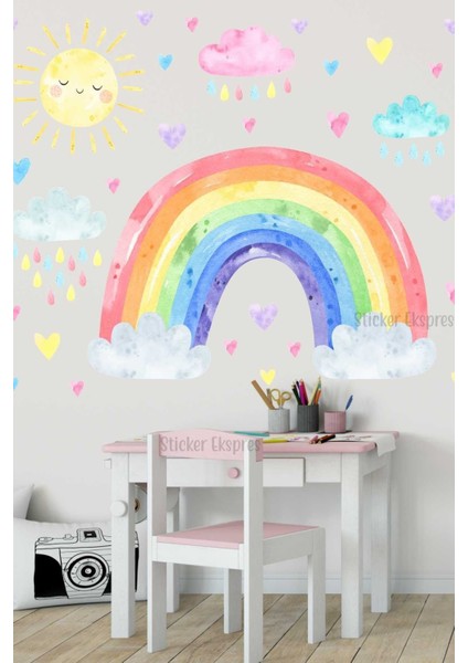 Renkli gökkuşağı ve bulutlar çocuk odası duvar sticker seti, eğlenceli ve sevimli tasarım modelleri