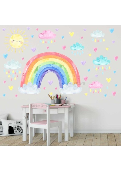 Renkli gökkuşağı ve bulutlar çocuk odası duvar sticker seti, eğlenceli ve sevimli tasarım fırsatları
