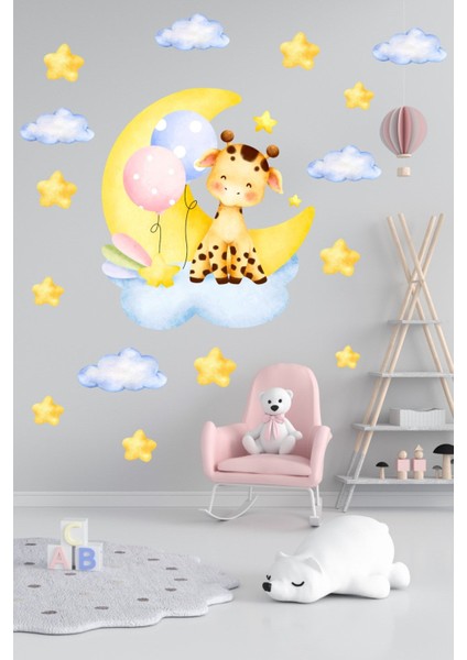 Çocuk odası renkli ayı, zürafa ve yıldızlar duvar sticker seti, 5+ parça
