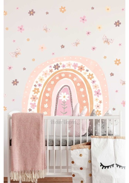 Renkli Çiçek ve Kelebekli Çocuk Odası Duvar Sticker Seti, 5+ Parça