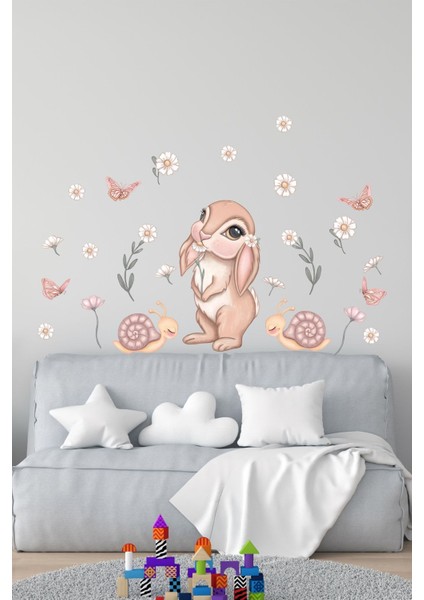 Renkli tavşan ve kelebekler duvar sticker seti, çocuk odası dekoru, eğlenceli ve sevimli