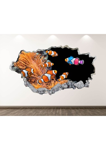 3D Renkli Deniz Canlıları ve Balıklar Duvar Sticker, Akvaryum Teması, 1 Parça