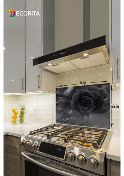 Gri Karagül Desenli Cam Ocak Arkası Koruyucu 49,5x76 cm, Çok Renkli, Düz Desenli