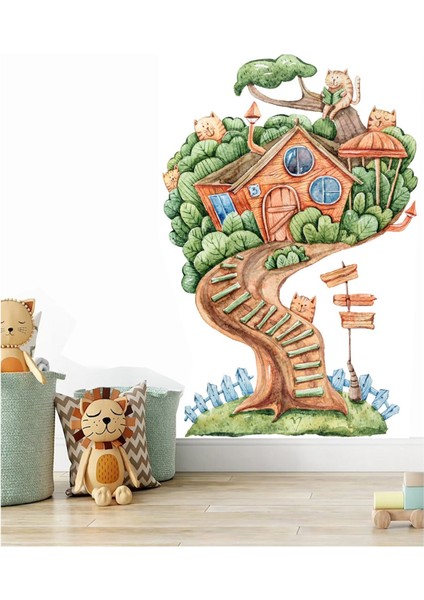 Renkli Suluboya Ağaç Ev Duvar Sticker Seti, Kendinden Yapışkanlı, Çocuk Odası İçin Parça