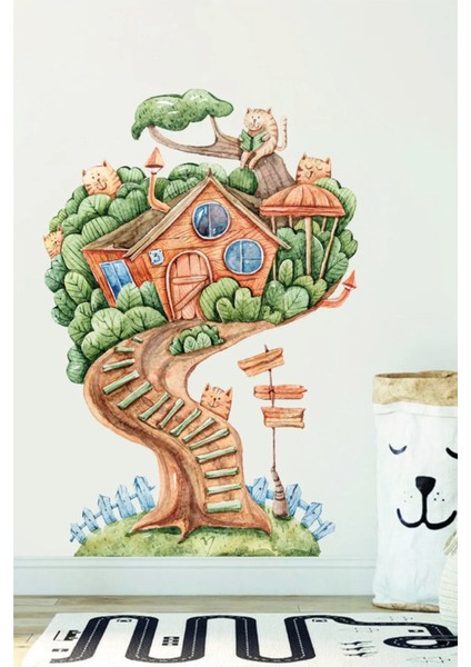 Renkli Suluboya Ağaç Ev Duvar Sticker Seti, Kendinden Yapışkanlı, Çocuk Odası İçin Parça fiyatları