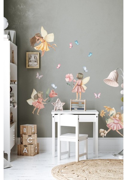 Renkli Çiçek ve Kelebekler Çocuk Odası Duvar Sticker Seti, Eğlenceli ve renkli dekorasyon