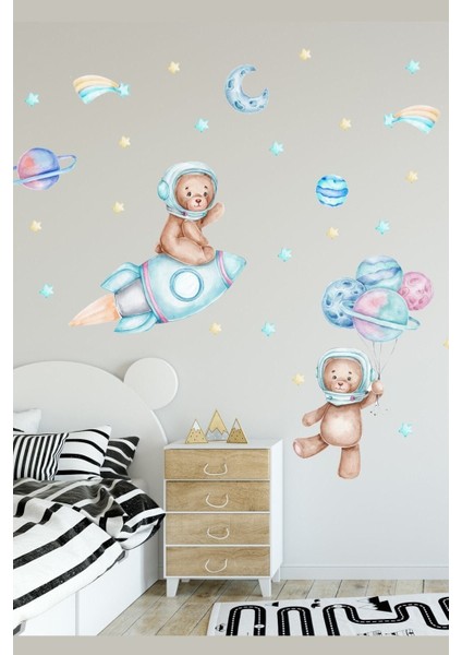 Renkli Uzay Temalı Çocuk Odası Duvar Stickerları Seti, Eğlenceli ve Neşeli Dekorasyon