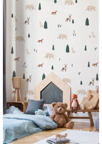 Renkli Yaban Hayatı Temalı Çocuk Odası Duvar Stickerı, Düz Desen, Bebek ve Çocuklar İçin