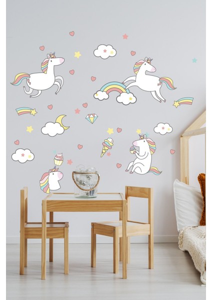 Pastel Renkli Unicorn Duvar Sticker Seti, Çocuk Odası Dekoru, Çok Renkli, 1 Parça