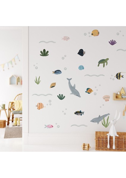 Çocuk Odası Renkli Deniz Altı Canlıları Duvar Sticker, Minik Balıklar Dekorasyon fiyatları