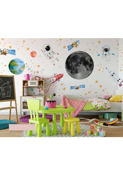 Uzay Temalı Astronotlar Gezegenler Yıldızlar ve Uydular Duvar Sticker Seti