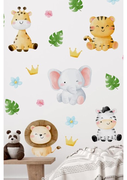 Suluboya Renklerinde Safari Hayvanları Yapraklar ve Çiçekler Duvar Cam Dolap Sticker Seti