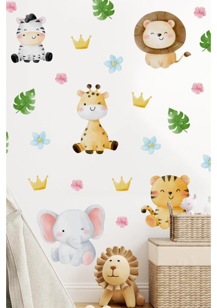 Suluboya Renklerinde Safari Hayvanları Yapraklar ve Çiçekler Duvar Cam Dolap Sticker Seti fiyatları