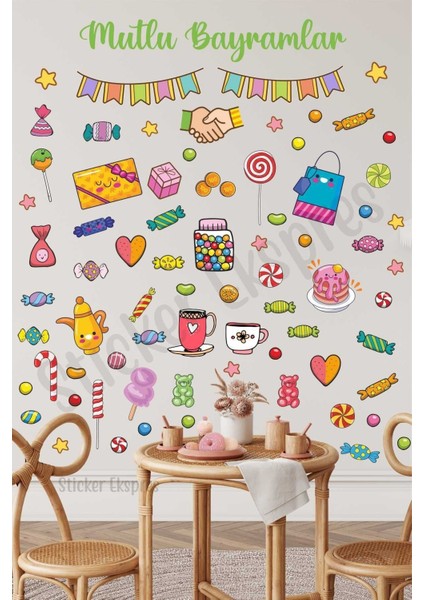 Renkli Ramazan Bayramı Cam ve Kapı Sticker Seti, Eğlenceli ve Şık Dekorasyon Parçaları