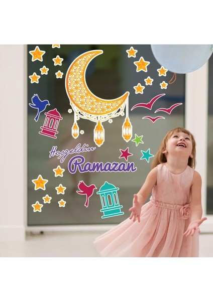 Renkli Ramazan Cam Duvar Sticker Seti, şık ve canlı dekorasyon için ideal seçim