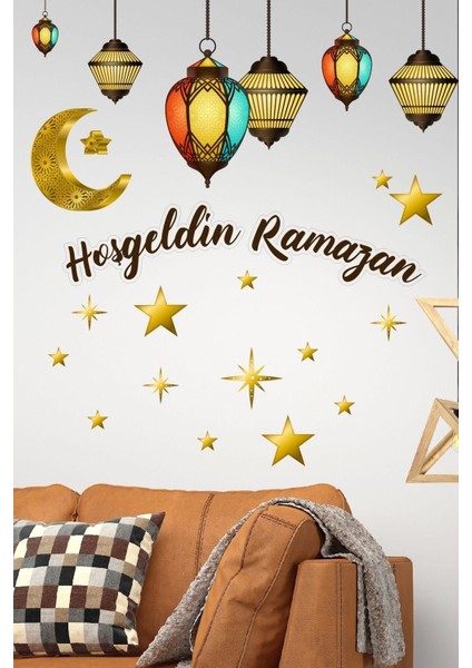 Renkli Ramazan Temalı Duvar Sticker Seti, İslami Dekorasyon, Oturma Odası Hediye