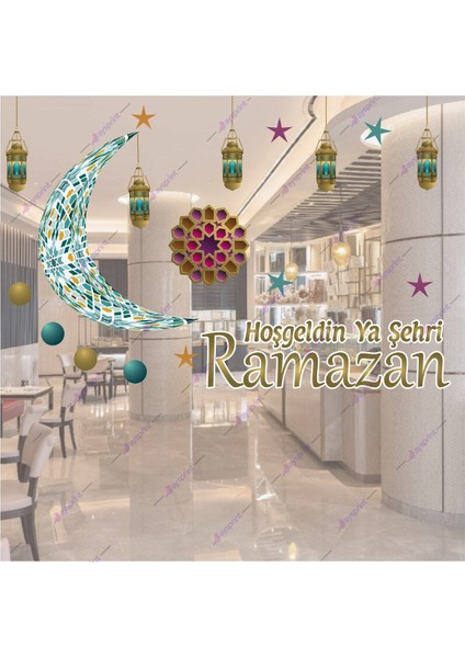 Renkli Ramazan Vitrin Kandil Fener Hilal Cam Kapı Duvar Süsü Sticker Seti