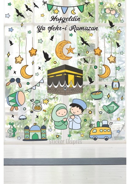 Renkli Kabe ve Ramazan temalı cam duvar stickerleri, eğlenceli dekorasyon seti